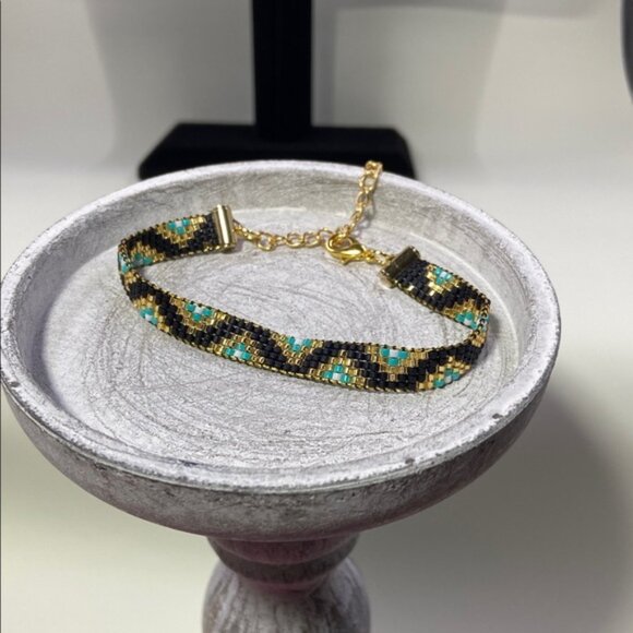 Cute Handcrafted Loom-Beaded Bracelet with Turquoise ,Black and Gold Beads - Picture 9 of 9
